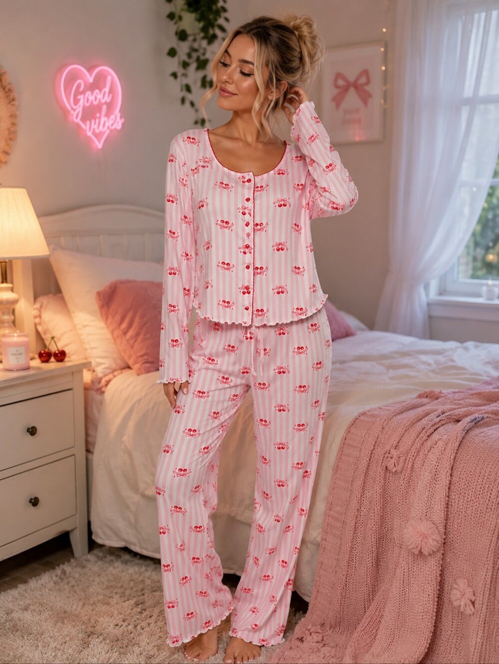 RAMPAGE Pajama Set Womens Size Large Pink Cherry Bow Coquette Y2K Inspired Girly